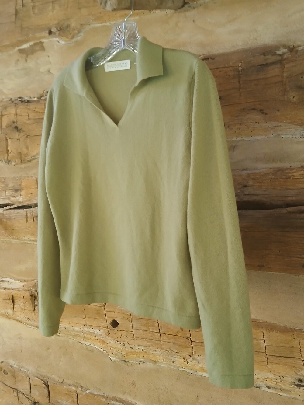 Valerie Stevens Olive Green Collared V Neck Two-Ply Cashmere Sweater Small - Picture 4 of 11